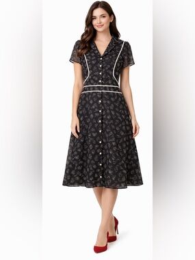 Componix Black Novelty ModCloth Style Print Shirt Dress White Piping Button S